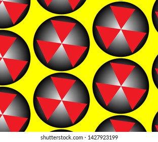 Three red triangles in a black and white gradient circle vector pattern on a yellow background 