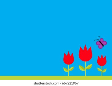 Three red tulip flower set with leaf and flying butterfly insect. Simple sticker template. Floral plant decoration element. Flat design. Blue sky background. Isolated. Vector