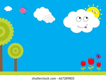 Three red tulip flower set with leaf and flying butterfly insect. Tree plant, flying bird, smiling cloud with sun. Floral plant decoration element. Flat design. Blue sky background. Isolated. Vector
