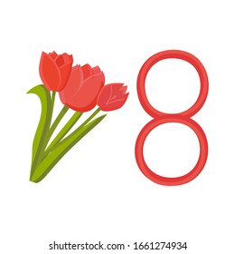 Three red tulips in the form of a postcard for March 8