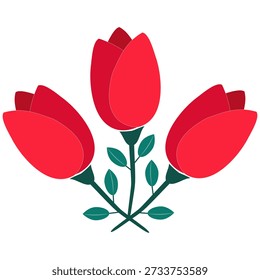 Three red tulips with green leaves, spring flowers