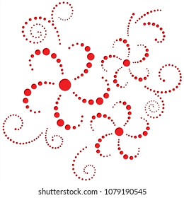Three red vector flowers for laser cut. Illustration of dots of different sizes for greeting card and wedding invitation. Dotted rosette with red flowers on white background.