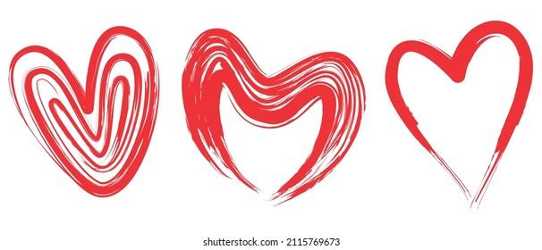 Three red vector hearts in an abstract brush stroke design style on an isolated white background	