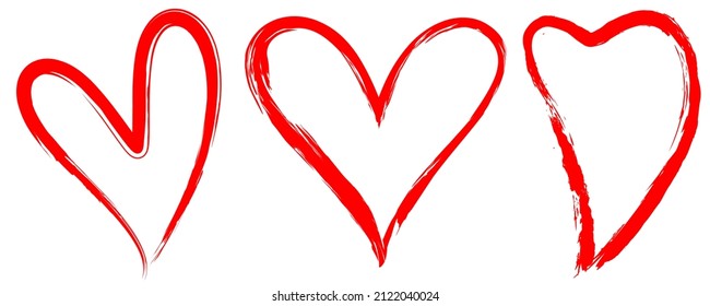 Three red vector hearts in an abstract brush stroke design style on an isolated white background