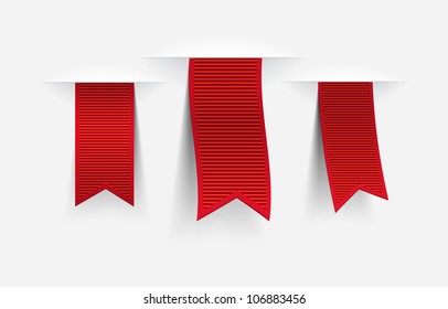 Three red vector ribbon tags with shadows