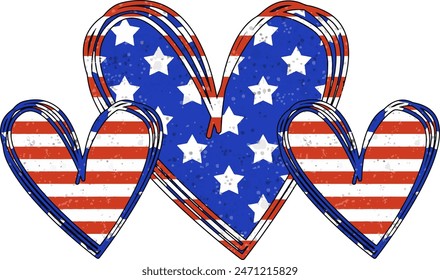 Three Red, White and Blue Patriotic Hearts with American Flag Design for Fourth of July Celebration. Stars and Stripes. Charming Rustic Decor. Symbolize Love, Freedom, Pride. 