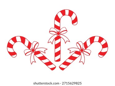 Ilustración de tres bastones de caramelo rojos y blancos con cintas blancas Arte vectorial de vacaciones a rayas aislado sobre un fondo blanco.