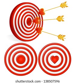 Three red and white dartboards and arrows of Cupid in a heart shape. Vector illustration.