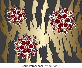 Three red and white flowers on the grey and gold background