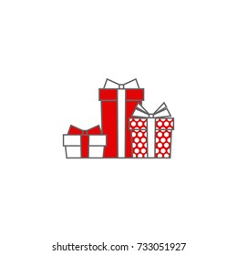 Three red and white present box with ribbon and bow. simple icon isolated on white background. present sign. flat vector Illustration. 