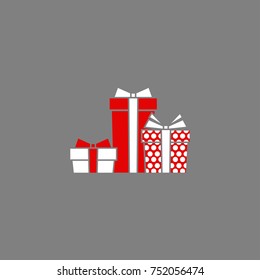 three red and white present box with ribbon. simple icon isolated on grey background. present sign. flat vector Illustration. Good for web and mobile design. holiday Christmas shopping