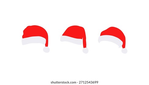 Three red and white Santa Claus hats are arranged in a row against a clean white backdrop, perfect for holiday designs