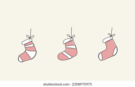 Three red and white socks for Christmas gifts, vector illustration.
