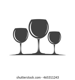 Three red or white wine glasses. Black icon, logo element, flat vector illustration isolated on white background.