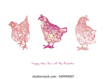 Three red, white and yellow roosters (or hens), symbol of Chinese New Year