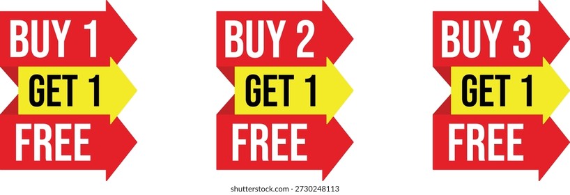Three red and yellow arrow shaped sale signs with text buy 1 get 1 free buy 2 get 1 free buy 3 get 1 free on white background
