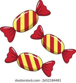 Three red and yellow striped candies, individually wrapped in shiny red wrappers. Perfect for use in Halloween designs, party materials, children's graphics, and sweet-themed branding