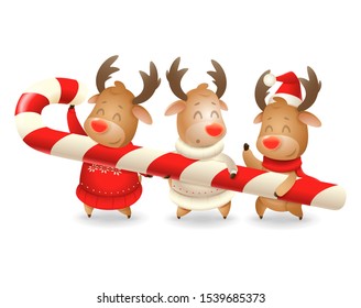 Three Reindeer friends are holding large candy cane - Cute Christmas vector illustration isolated on transparent background