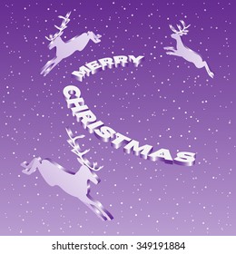 Three reindeers run around decorative 3d text  Merry Christmas. Vector illustration. Isometric view.