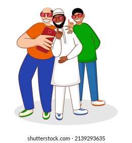 Three Religious Men Taking Selfie Together From Smartphone On White Background.