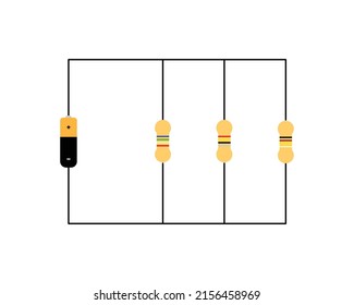 Three resistors of different color codes connected in parallel with a battery with black wires. White background.
