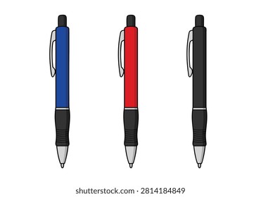 Three retractable ballpoint pens in blue, red, and black colors arranged in a row against a white background.