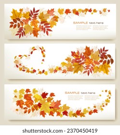 Three retro abstract autumn banners with colorful leaves and berries. Vector