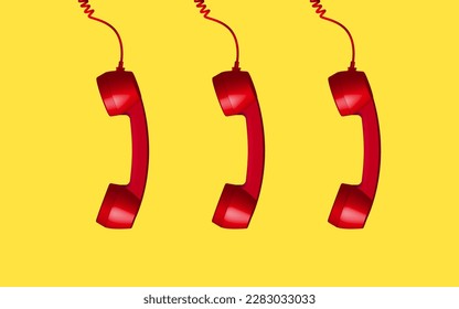 Three retro analog telephone handset. 3d red vintage phone receiver isolated on yellow background. Old communicate technology. object hanging down composition background vector illustration