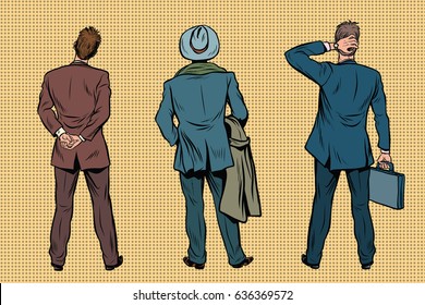 Three retro businessman standing back. Viewers and audience. A set of human shapes silhouettes. Pop art retro vector illustration