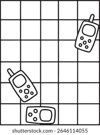 Three Retro Cell Phones Scattered on Grid Pattern Background, Emphasizing Vintage Technology and Simple Design Aesthetic, Creating a Nostalgic and Minimalist Composition