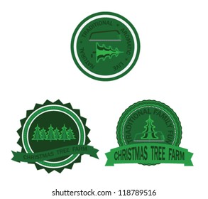 Three retro green Christmas tree farm badges