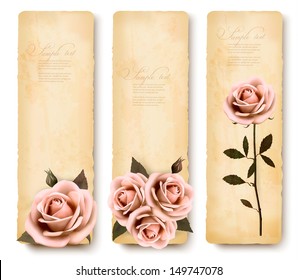 Three retro holiday banners with pink roses. Vector 