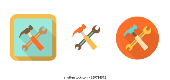 three retro icons with hammer and wrench, tool, vector illustration, eps 10, with transparency