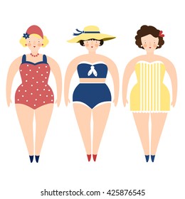 Three Retro Ladies In Swimming Costumes, Isolated Vector Summer Illustration, Flat Design