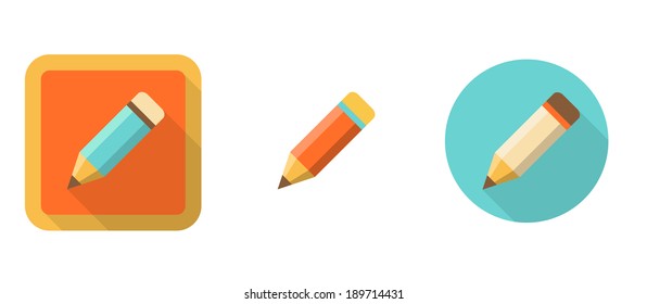 three retro pencil icons in flat style isolated on white background, vector illustration, eps 10, with transparency