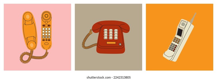 Tres teléfonos retro 80s. Dispositivos pulsadores y teléfono móvil vintage con antena. Ilustración vectorial dibujada a mano aislada en fondo de color. Estilo moderno de dibujos animados planos.