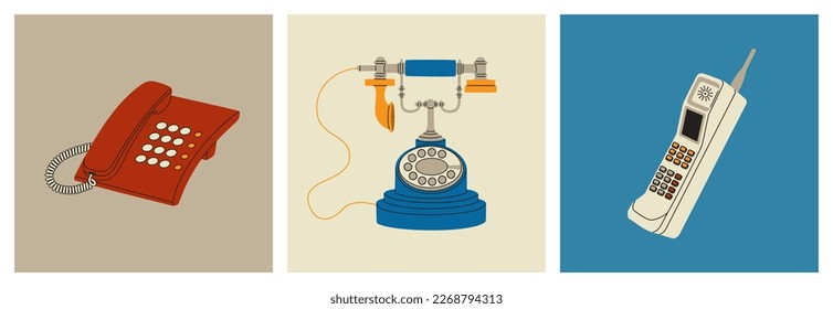 Three retro phones different generation.. Push - button device, retro mobile with antenna, old vintage telephone. Hand drawn vector illustration isolated on colored background, flat cartoon style.