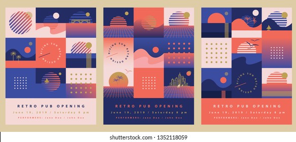 Three Retro Summer Flyer Templates In Coral Orange, Blue And Golden Color Palette With Sunsets, Seagulls, Yachts And Palm Trees