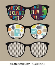 Three retro sunglasses with alphabet reflection in it. Vector illustration of accessory - eyeglasses isolated.