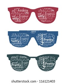 Three retro sunglasses with typography in it. Vector illustration of accessory - eyeglasses isolated.