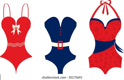 Three retro swim suits. Use together or separate to suit your design, fully editable vector illustration.