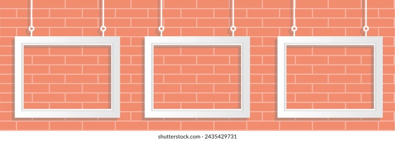 Three retro white photo frames on a brick wall background. Vector, design illustration.