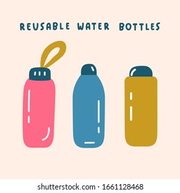 Three reusable water bottles. Zero waste concept. Vector hand drawn illustration.