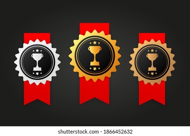 Three rewards winner silver, gold and bronze rubber badge with red ribbon on white background. Realistic object. Vector illustration.