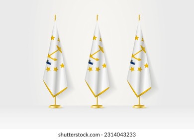 Three Rhode Island flags in a row on a golden stand, illustration of press conference and other meetings. Vector illustration.