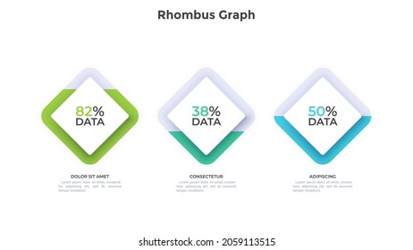 Three rhombus elements with percentage indication arranged in horizontal row. Concept of 3 steps to project completion. Modern flat infographic design template. Simple vector illustration for report.