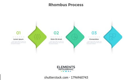 Three rhombus elements placed in horizontal row. Concept of 3 successive steps of business development progress. Modern infographic design template. Simple flat vector illustration for presentation.