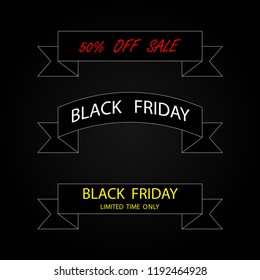 Three ribbon banners Black Friday Sale. Black ribbon banners Black Friday sale. 50 off sale. Line design. Eps10