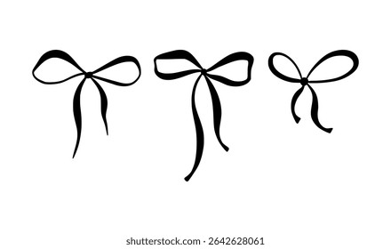 Three Ribbon Bows Vector Set in Trendy Linear Style for Wedding Invitations, Bridal Party or Girly Birthday Postcard. Black Line Art Cartoon Doodle. Cute Whimsical Coquette Isolated Retro Icons