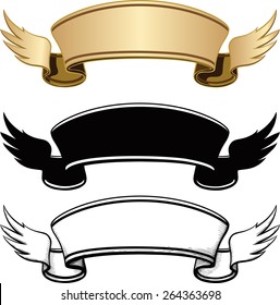 Three ribbon with wings drawn in different styles isolated on white